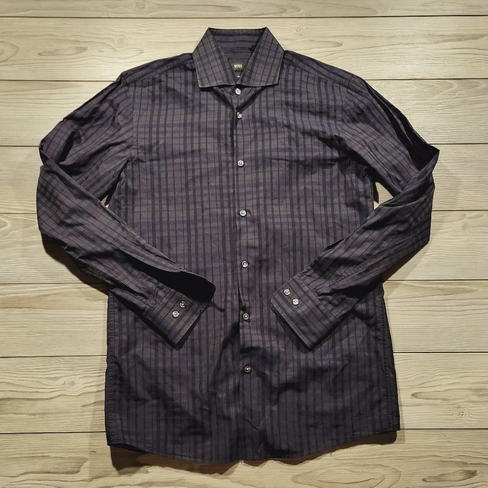 Hugo Boss Button Up Shirt Mens 15 32/33 Black Black Gray Plaid